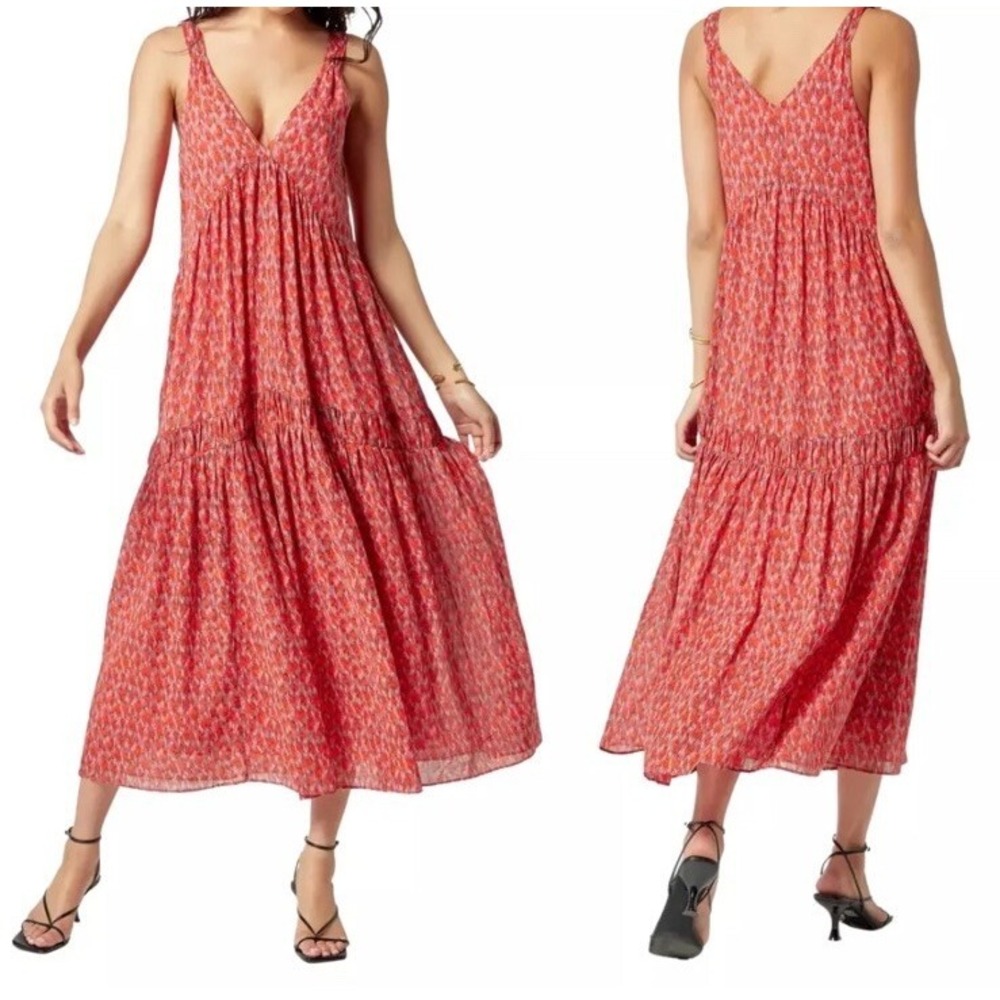 Joie Red Pink Ikat Print Tiered Cotton Maxi Dress V-Neck Sleeveless Large Boho